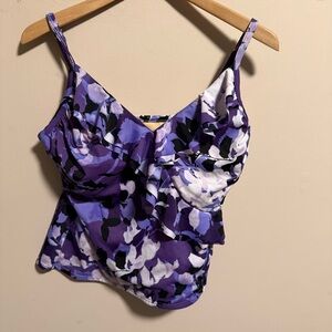 NWT Trimshaper Purple Floral Abstract Ruffle V-Neck Tankini Swim Top- Size 12
